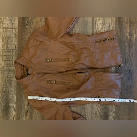 TCEC Tan Leather Moto Jacket with Stand-Up Collar - Picture 4 of 7